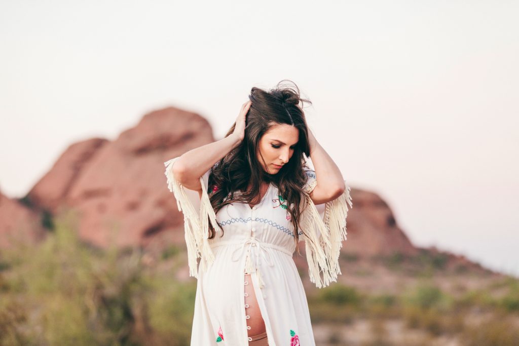 Fillyboo Maternity Dress and a desert bohemian sunset maternity session with Kate Nelle Photography at Papago Park
